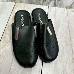 Damiani's Black Leather Upper Slip-On Mules Shoes Silver Stretch Accents Comfy